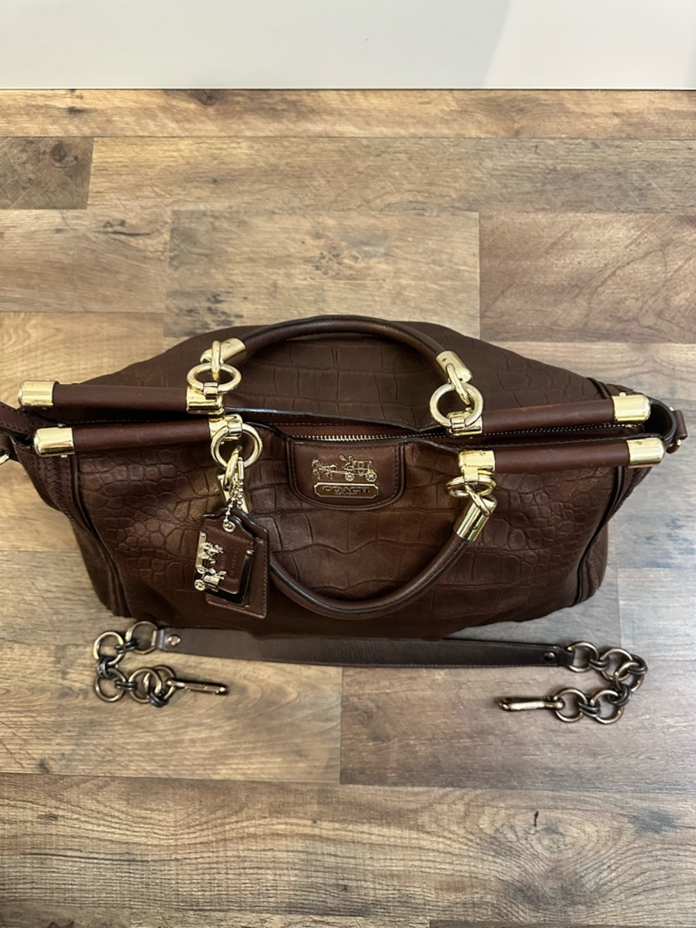 Coach Madison Pinnacle Croc Embossed Satchel Mahogany Brown Gold Hardware Rare - Picture 8 of 13